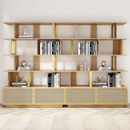 5-Tier Natural Wood Bookshelf with 2 Doors Modern Bookcase in Gold Finish - 