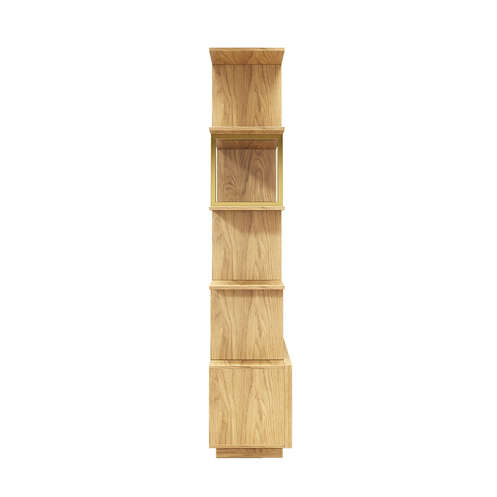 5-Tier Natural Wood Bookshelf with 2 Doors Modern Bookcase in Gold Finish - 