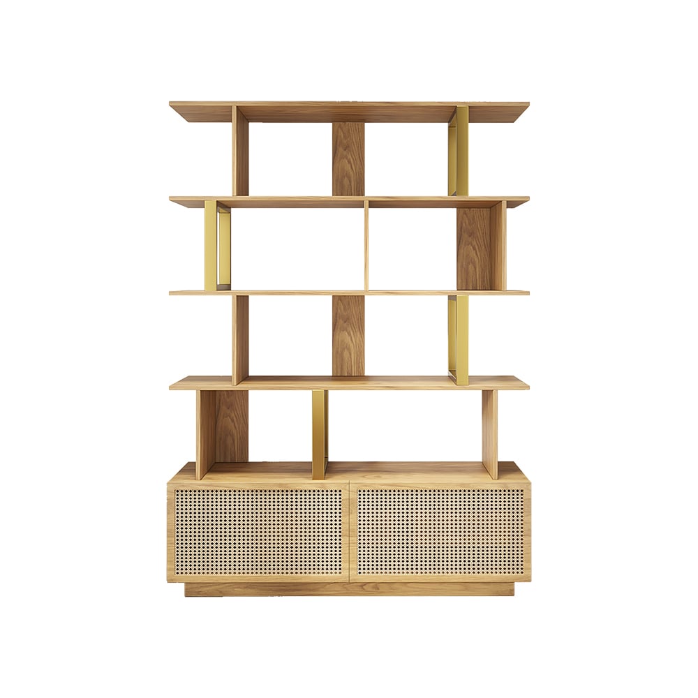 5-Tier Natural Wood Bookshelf with 2 Doors Modern Bookcase in Gold Finish - 