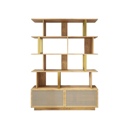 5-Tier Natural Wood Bookshelf with 2 Doors Modern Bookcase in Gold Finish - 