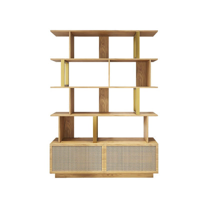 5-Tier Natural Wood Bookshelf with 2 Doors Modern Bookcase in Gold Finish - 