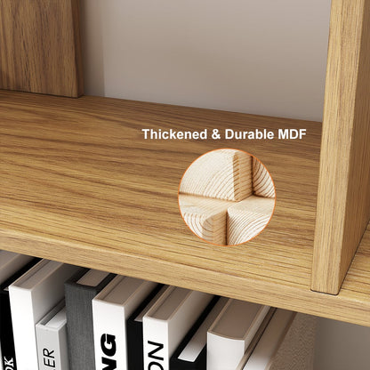 5-Tier Natural Wood Bookshelf with 2 Doors Modern Bookcase in Gold Finish - 