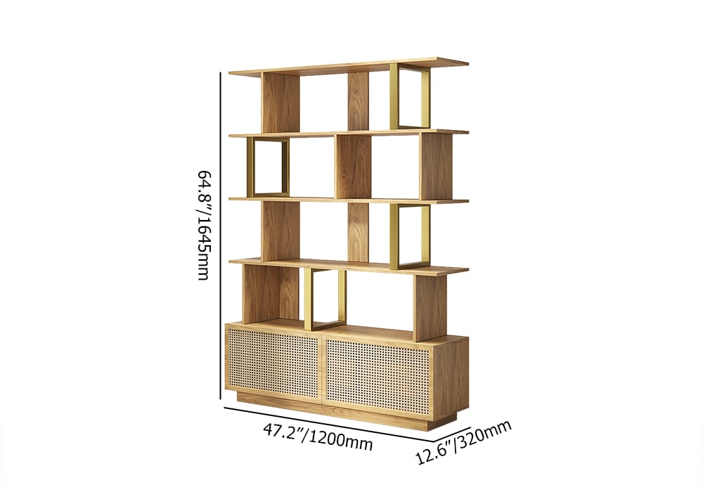 5-Tier Natural Wood Bookshelf with 2 Doors Modern Bookcase in Gold Finish - 