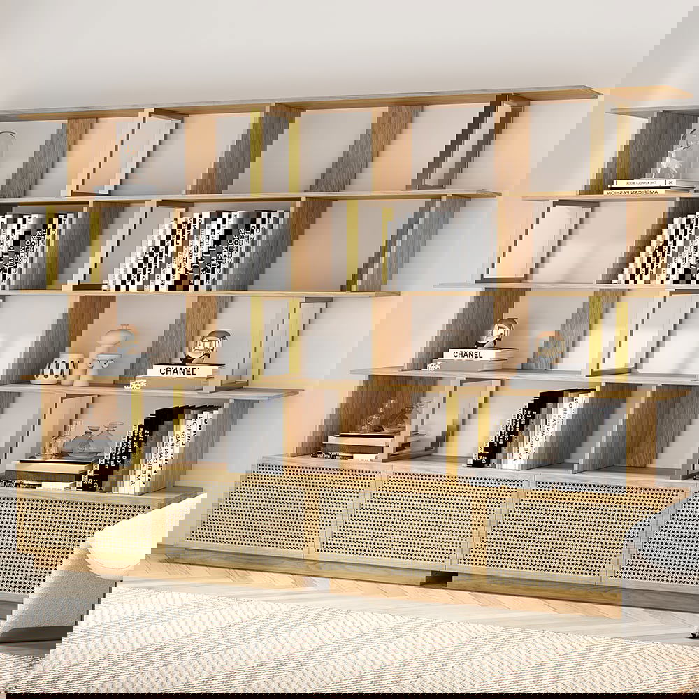 5-Tier Natural Wood Bookshelf with 2 Doors Modern Bookcase in Gold Finish - 