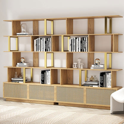 5-Tier Natural Wood Bookshelf with 2 Doors Modern Bookcase in Gold Finish - 