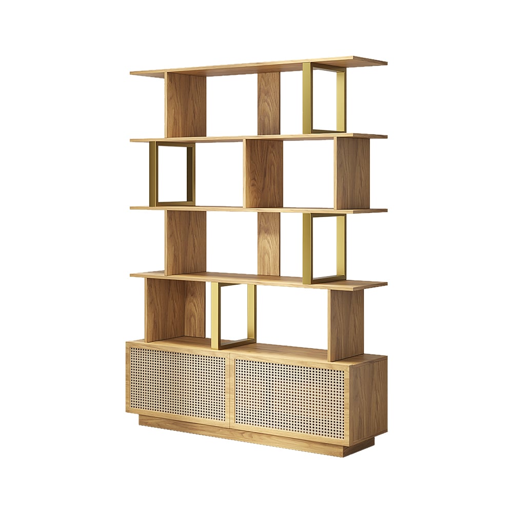 5-Tier Natural Wood Bookshelf with 2 Doors Modern Bookcase in Gold Finish - 