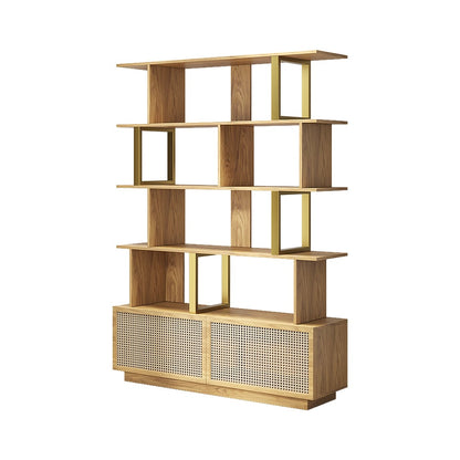 5-Tier Natural Wood Bookshelf with 2 Doors Modern Bookcase in Gold Finish - 