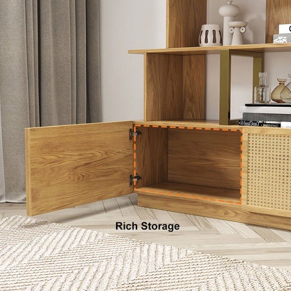 5-Tier Natural Wood Bookshelf with 2 Doors Modern Bookcase in Gold Finish - 