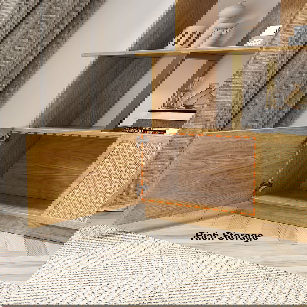 5-Tier Natural Wood Bookshelf with 2 Doors Modern Bookcase in Gold Finish - 