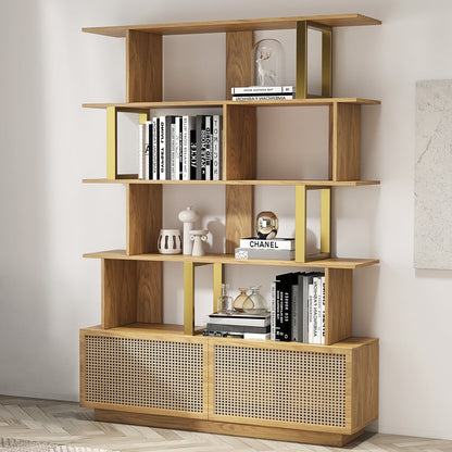 5-Tier Natural Wood Bookshelf with 2 Doors Modern Bookcase in Gold Finish - Homary