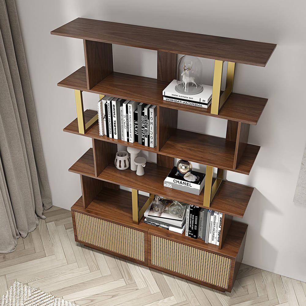 5-Tier Walnut Wood Bookshelf with 2 Doors Modern Bookcase in Gold Finish - 