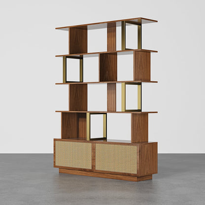 5-Tier Walnut Wood Bookshelf with 2 Doors Modern Bookcase in Gold Finish - 