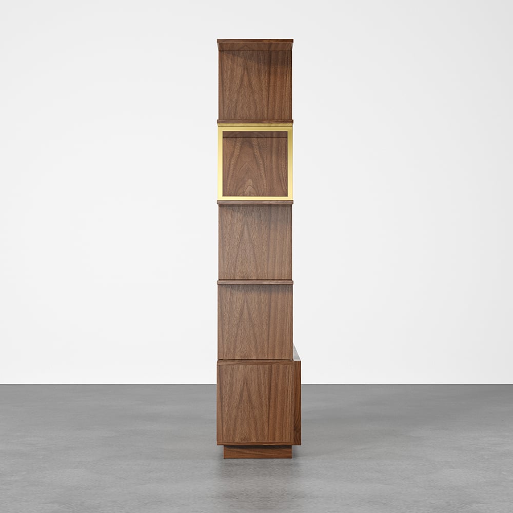 5-Tier Walnut Wood Bookshelf with 2 Doors Modern Bookcase in Gold Finish - 