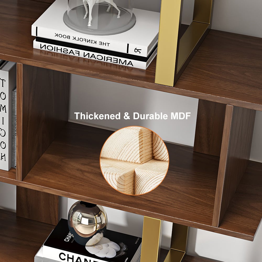 5-Tier Walnut Wood Bookshelf with 2 Doors Modern Bookcase in Gold Finish - 