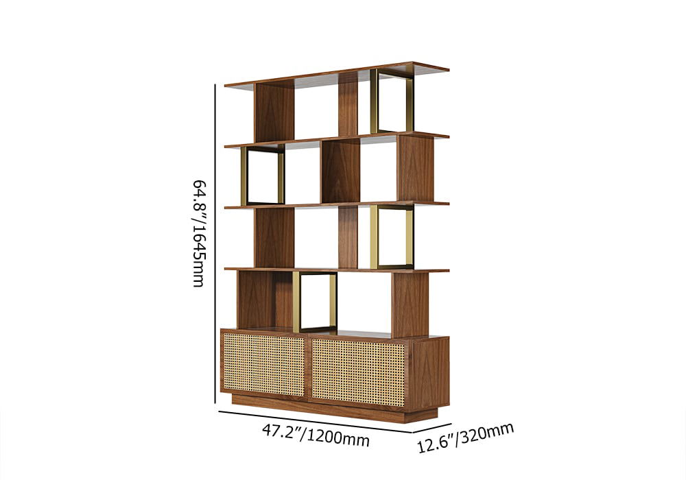 5-Tier Walnut Wood Bookshelf with 2 Doors Modern Bookcase in Gold Finish - 