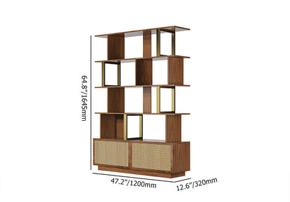 5-Tier Walnut Wood Bookshelf with 2 Doors Modern Bookcase in Gold Finish - 