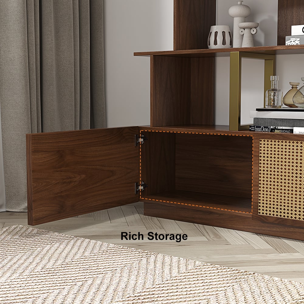 5-Tier Walnut Wood Bookshelf with 2 Doors Modern Bookcase in Gold Finish - 