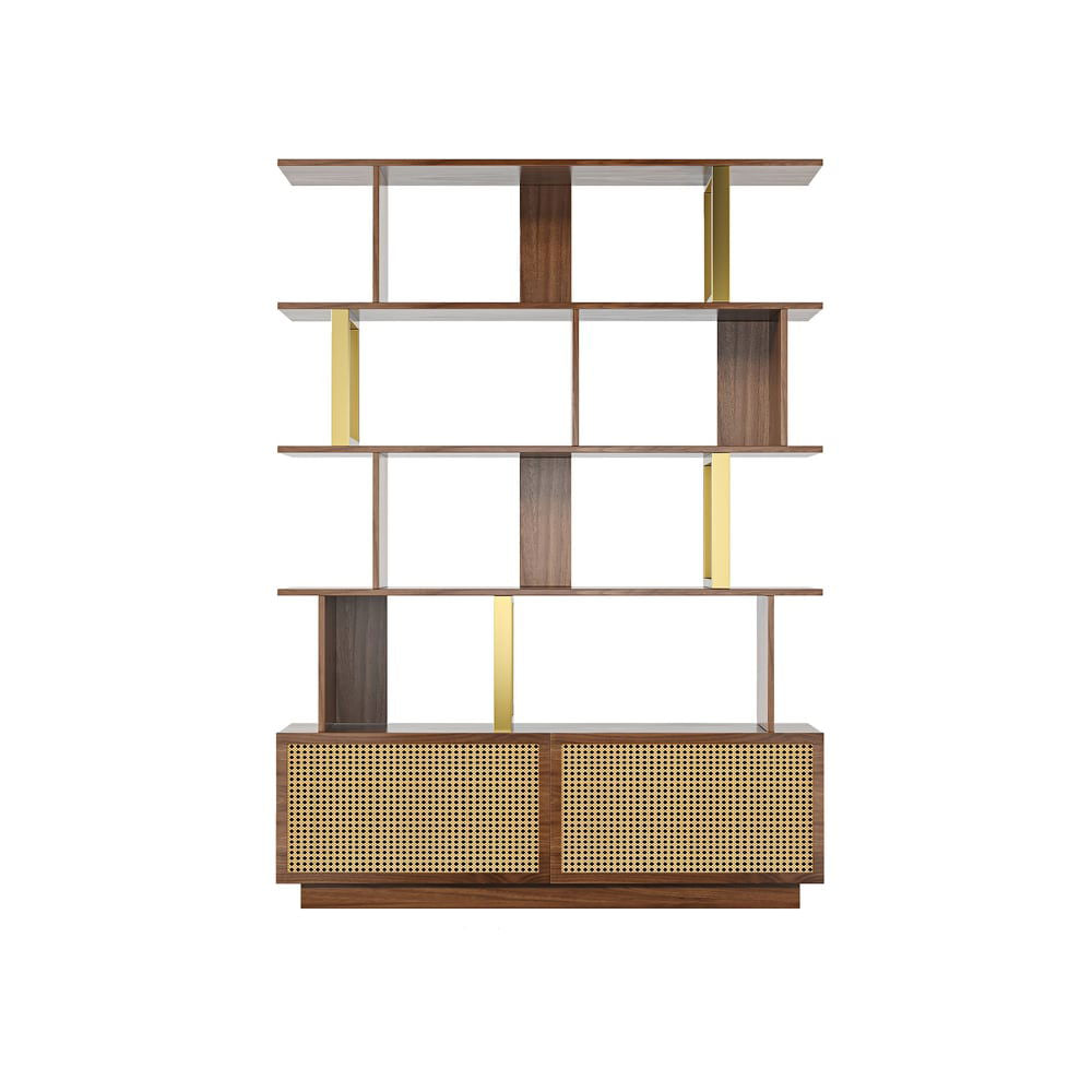 5-Tier Walnut Wood Bookshelf with 2 Doors Modern Bookcase in Gold Finish - 