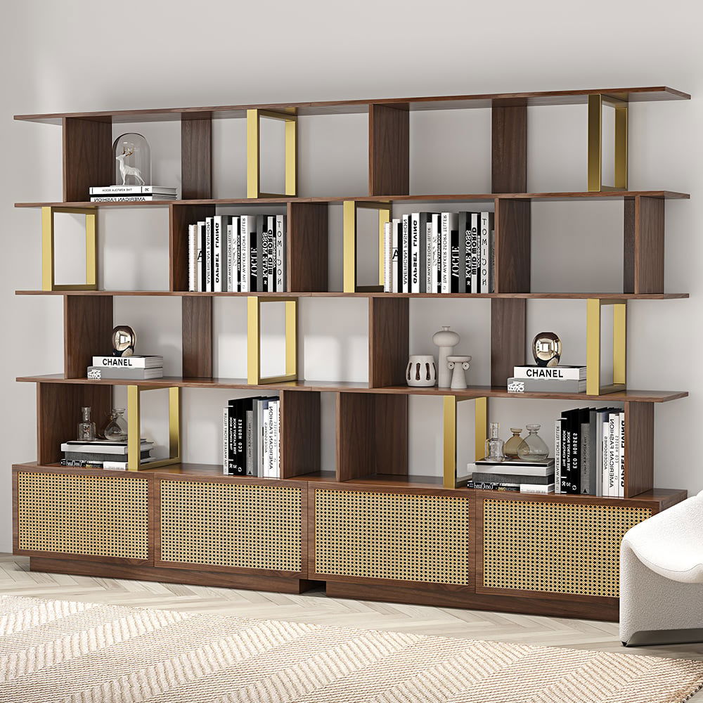 5-Tier Walnut Wood Bookshelf with 2 Doors Modern Bookcase in Gold Finish - 