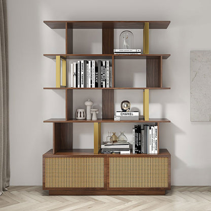 5-Tier Walnut Wood Bookshelf with 2 Doors Modern Bookcase in Gold Finish - 