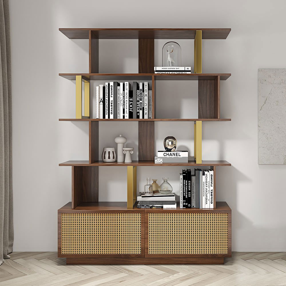 5-Tier Walnut Wood Bookshelf with 2 Doors Modern Bookcase in Gold Finish - 