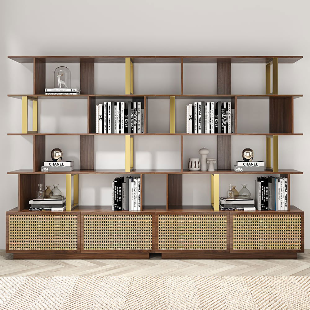 5-Tier Walnut Wood Bookshelf with 2 Doors Modern Bookcase in Gold Finish - 
