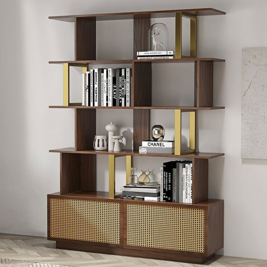 5-Tier Walnut Wood Bookshelf with 2 Doors Modern Bookcase in Gold Finish - Homary