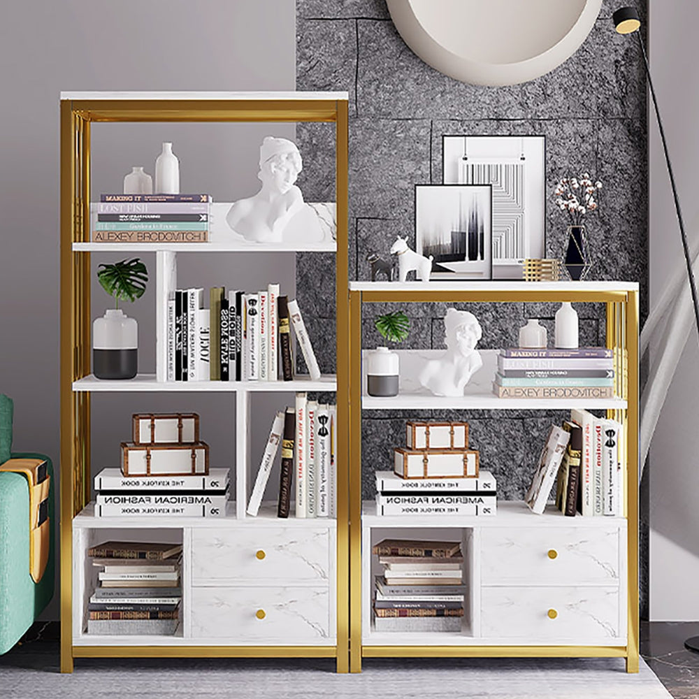 Modern White Bookshelf Wood Book Shelf with 2 Drawers in Gold Metal Frame