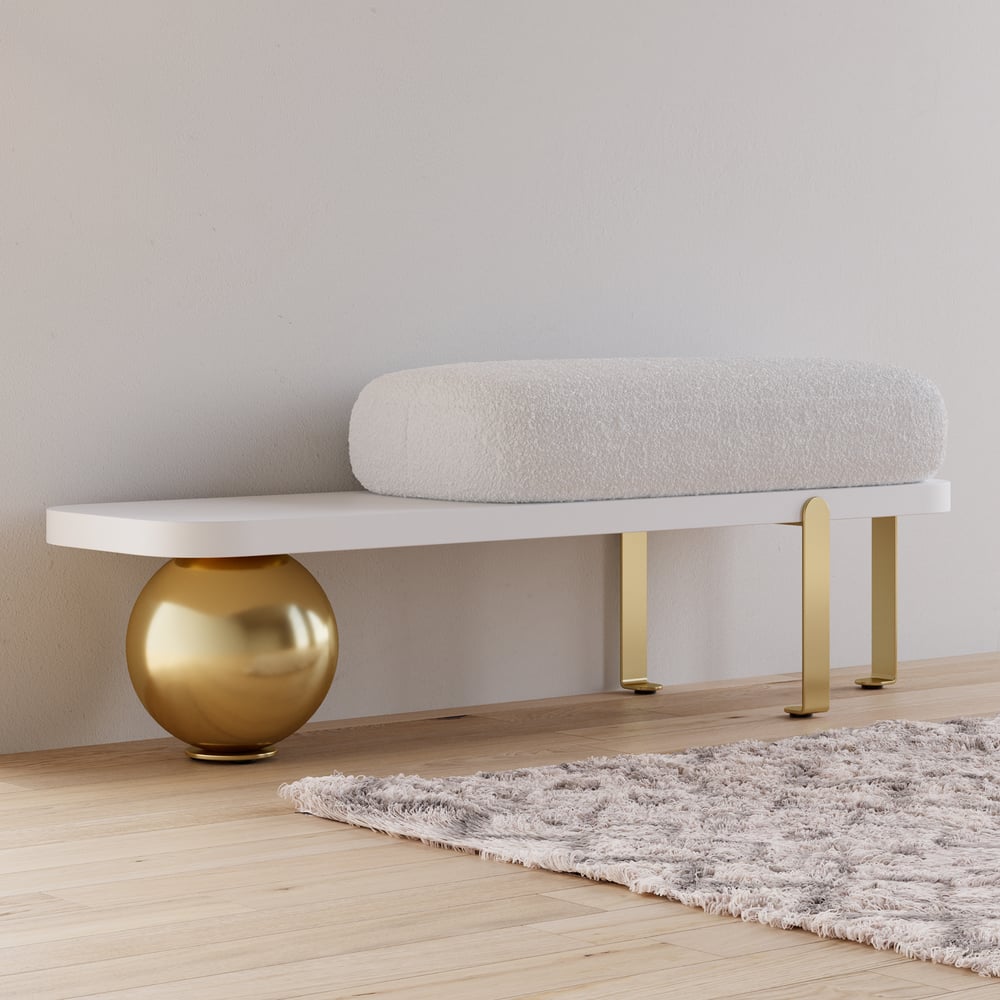 White & Gold Wooden Entryway Bench Boucle Upholstered with Abstract Metal Legs