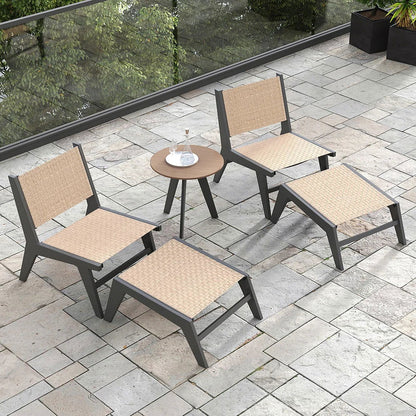 5Pcs Rustic Rattan Aluminum Outdoor Patio Lounge Chair Set Round Coffee Table & Stool - 
