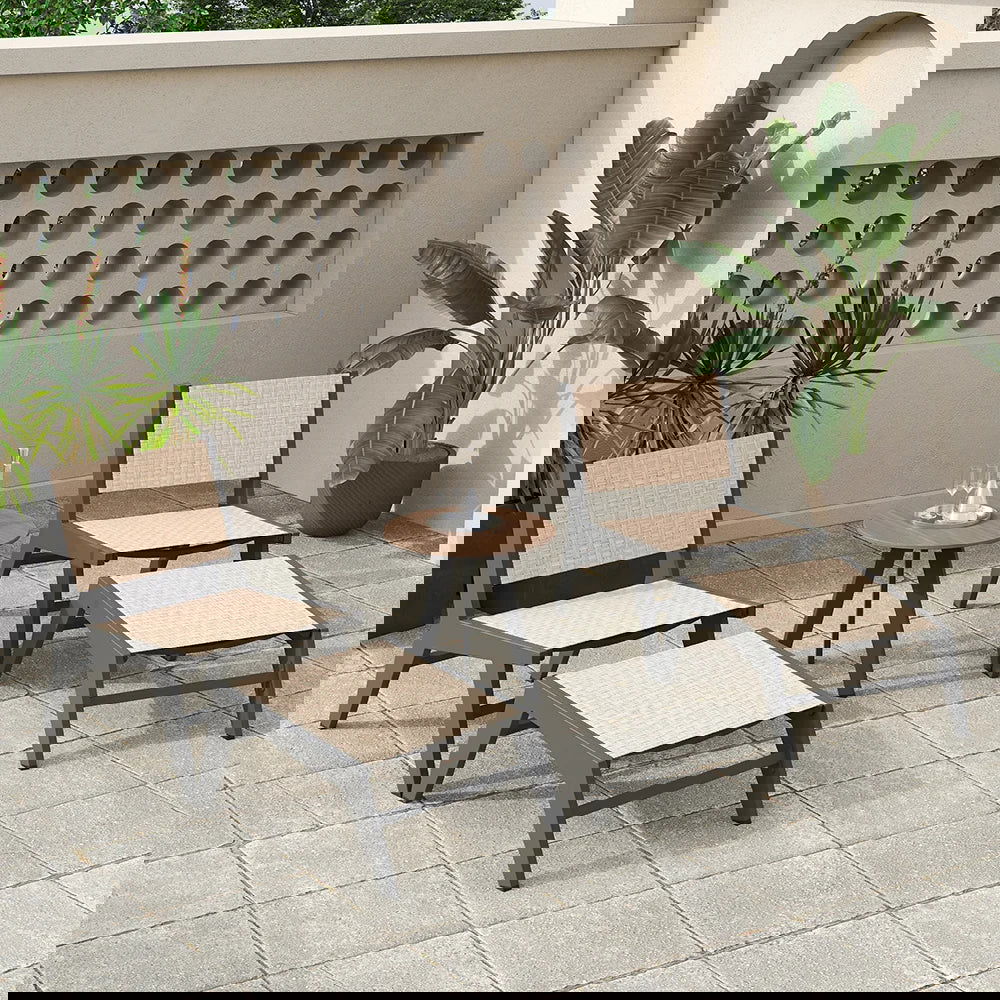 5Pcs Rustic Rattan Aluminum Outdoor Patio Lounge Chair Set Round Coffee Table & Stool - 