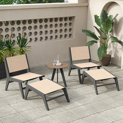 5Pcs Rustic Rattan Aluminum Outdoor Patio Lounge Chair Set Round Coffee Table & Stool - 