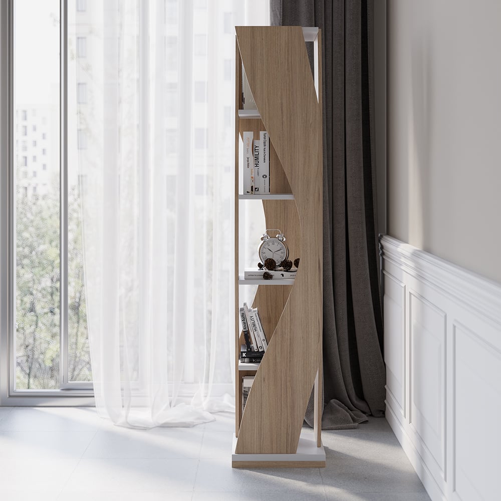 5 Shelf Loft Geometric Narrow Bookshelf Curved Swivel Bookcase in White & Natural - 