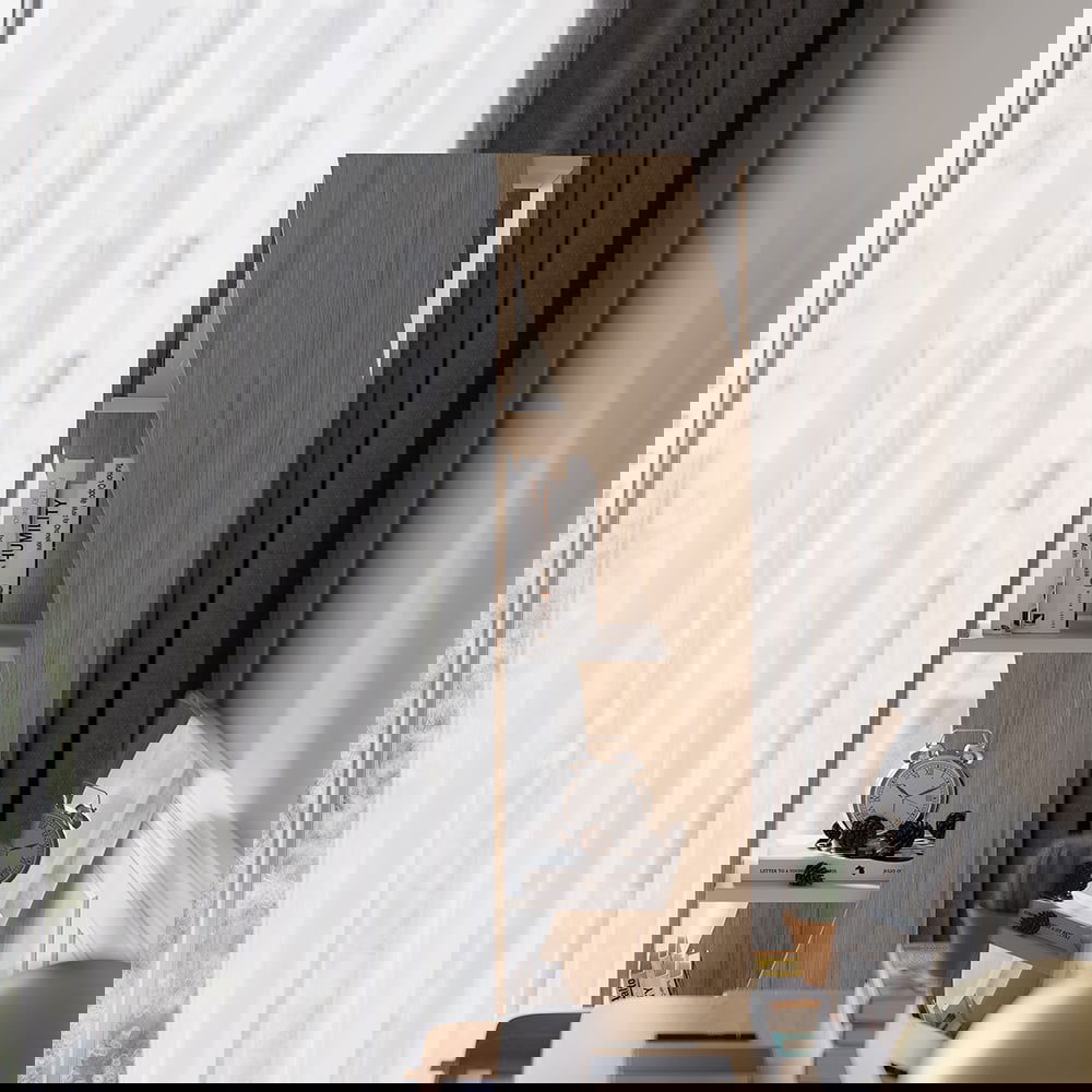 5 Shelf Loft Geometric Narrow Bookshelf Curved Swivel Bookcase in White & Natural - 