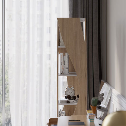 5 Shelf Loft Geometric Narrow Bookshelf Curved Swivel Bookcase in White & Natural - 