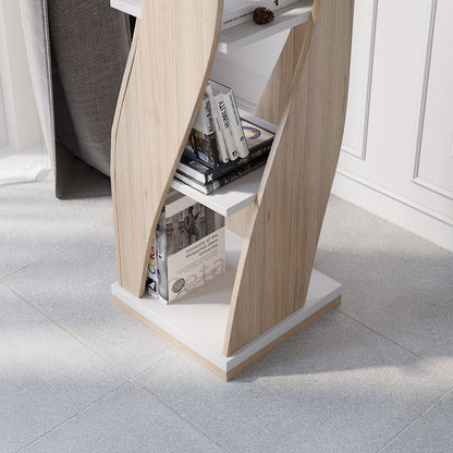 5 Shelf Loft Geometric Narrow Bookshelf Curved Swivel Bookcase in White & Natural - 