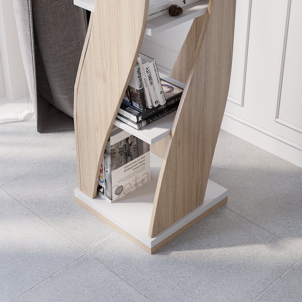 5 Shelf Loft Geometric Narrow Bookshelf Curved Swivel Bookcase in White & Natural - 