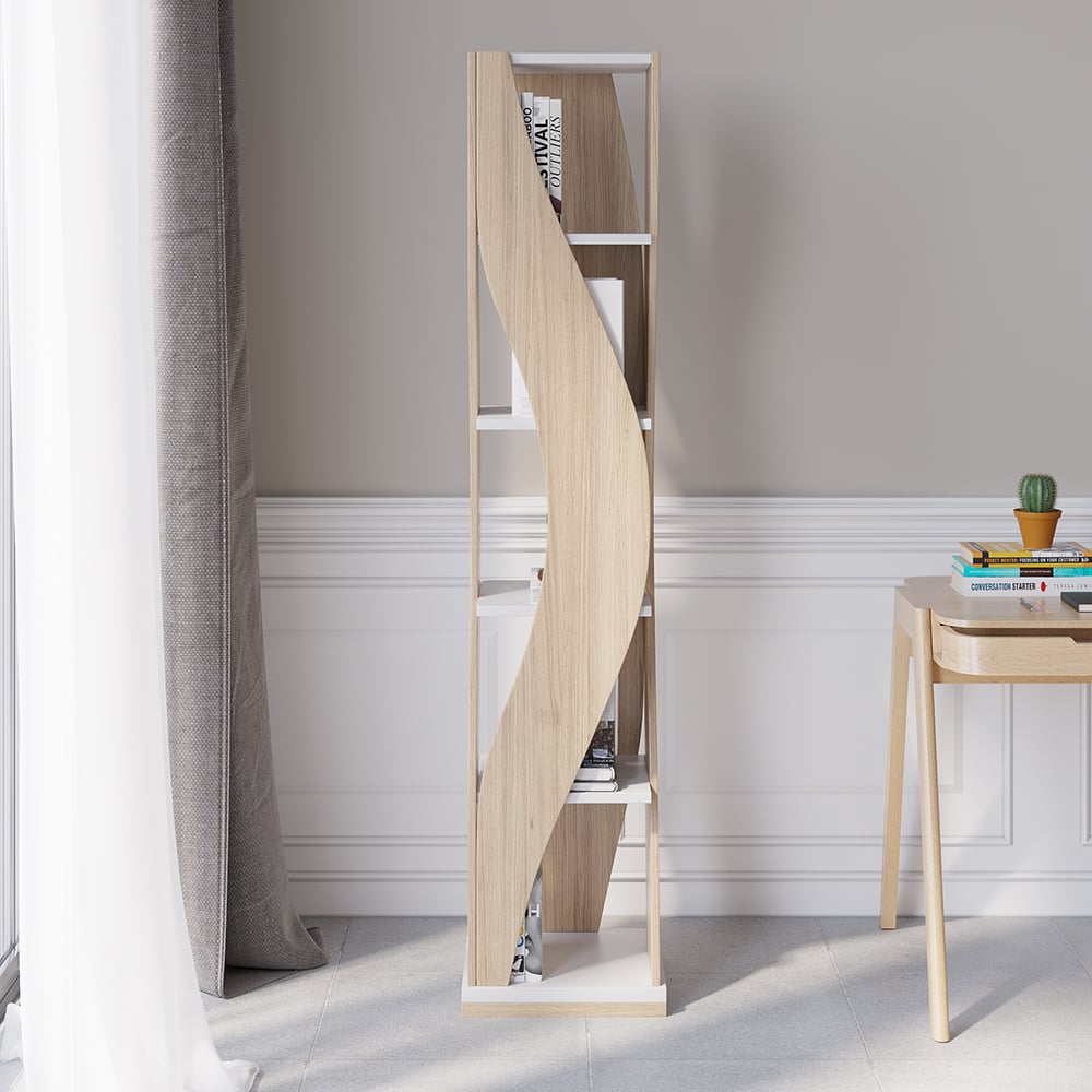 5 Shelf Loft Geometric Narrow Bookshelf Curved Swivel Bookcase in White & Natural - 