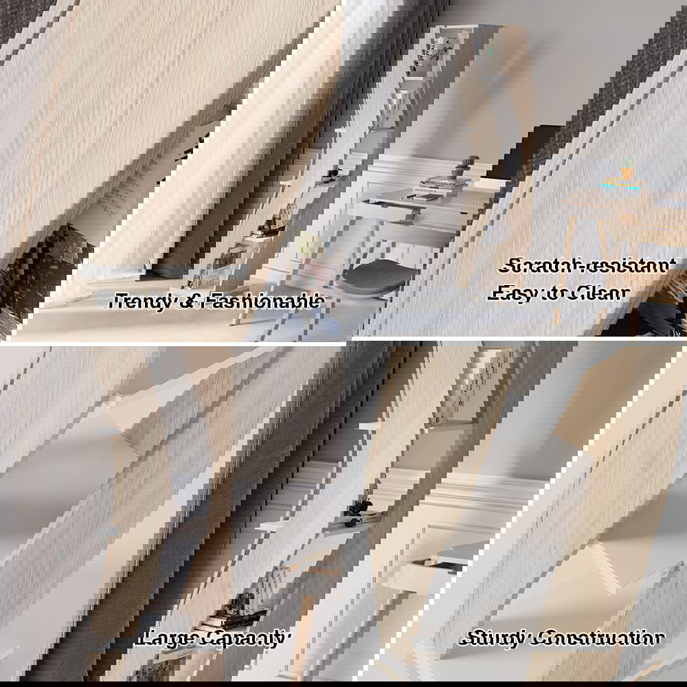 5 Shelf Loft Geometric Narrow Bookshelf Curved Swivel Bookcase in White & Natural - 