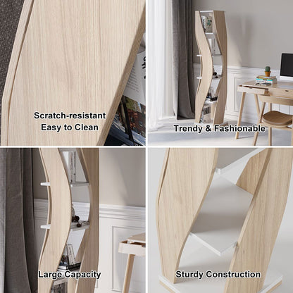 5 Shelf Loft Geometric Narrow Bookshelf Curved Swivel Bookcase in White & Natural - 