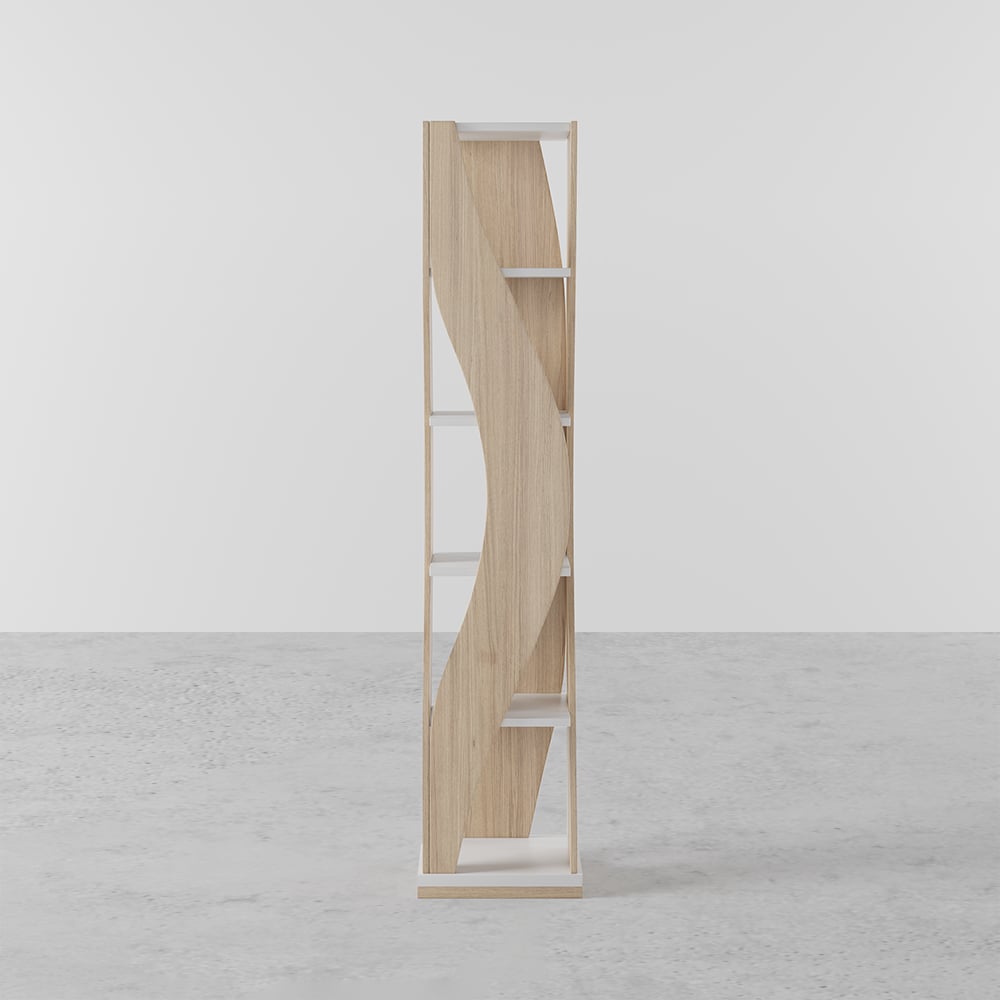 5 Shelf Loft Geometric Narrow Bookshelf Curved Swivel Bookcase in White & Natural - 