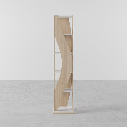 5 Shelf Loft Geometric Narrow Bookshelf Curved Swivel Bookcase in White & Natural - 