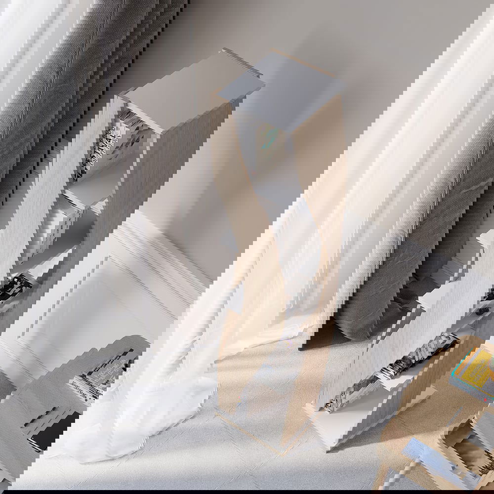 5 Shelf Loft Geometric Narrow Bookshelf Curved Swivel Bookcase in White & Natural - Homary