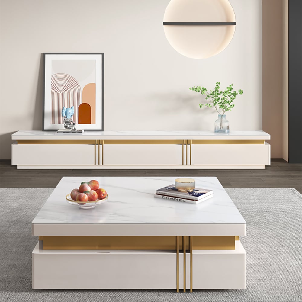 Trimied 1100mm Modern White Square Storage Coffee Table Stone Top with 4 Wood Drawers