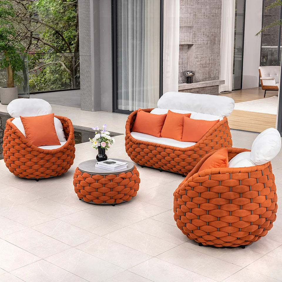 Tatta 4 Pieces Woven Rope Outdoor Sofa Set Faux Marble Top Coffee Table in Brown & White