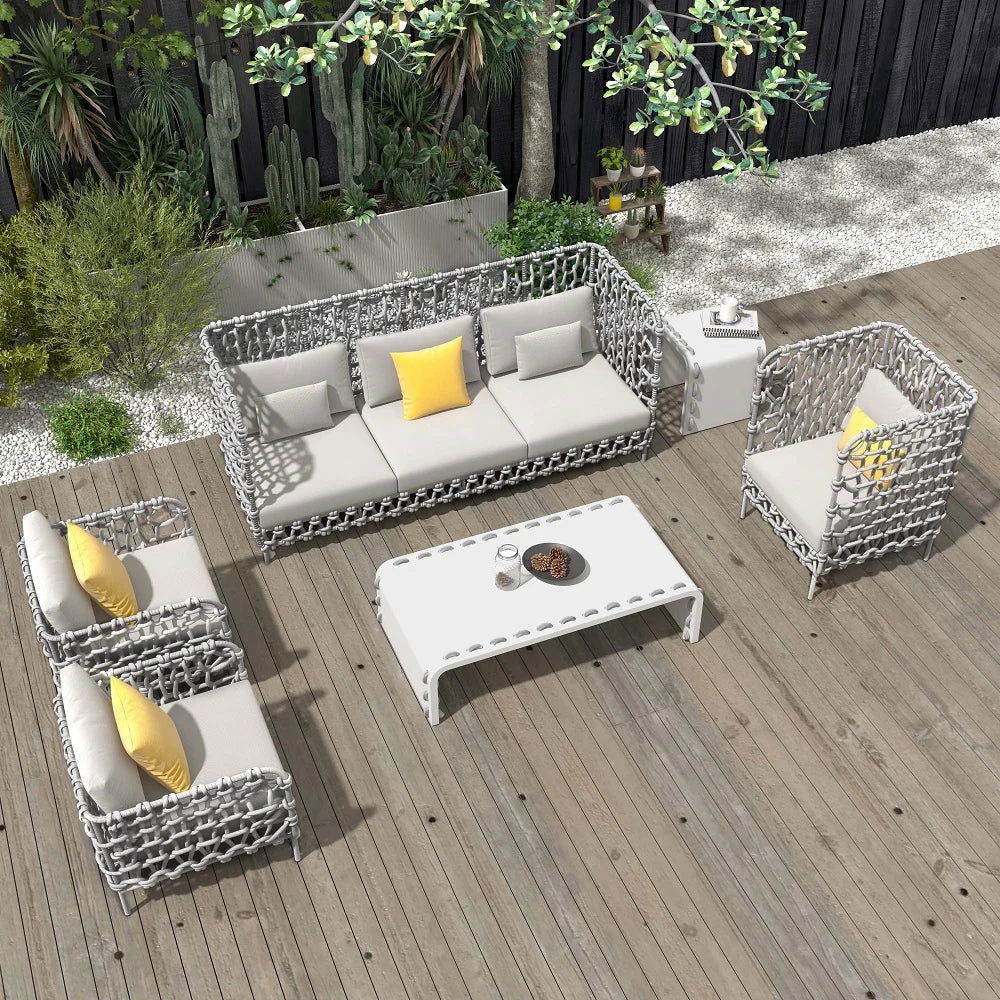 6 Pieces Aluminum & Rope Outdoor Sofa Set with Coffee Table and Cushion Pillow in Gray - 