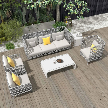 6 Pieces Aluminum & Rope Outdoor Sofa Set with Coffee Table and Cushion Pillow in Gray - 