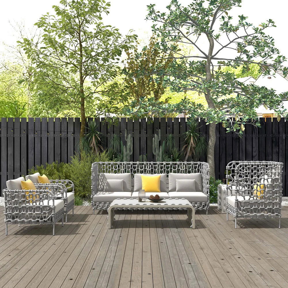 6 Pieces Aluminum & Rope Outdoor Sofa Set with Coffee Table and Cushion Pillow in Gray - 