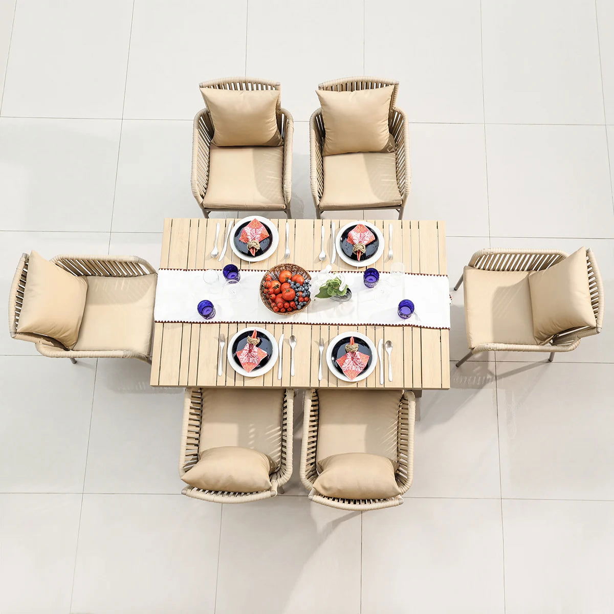 7-Pieces Outdoor Dining Set with Wood-Top Trestle Table and 6 Woven Rattan Armchair - 