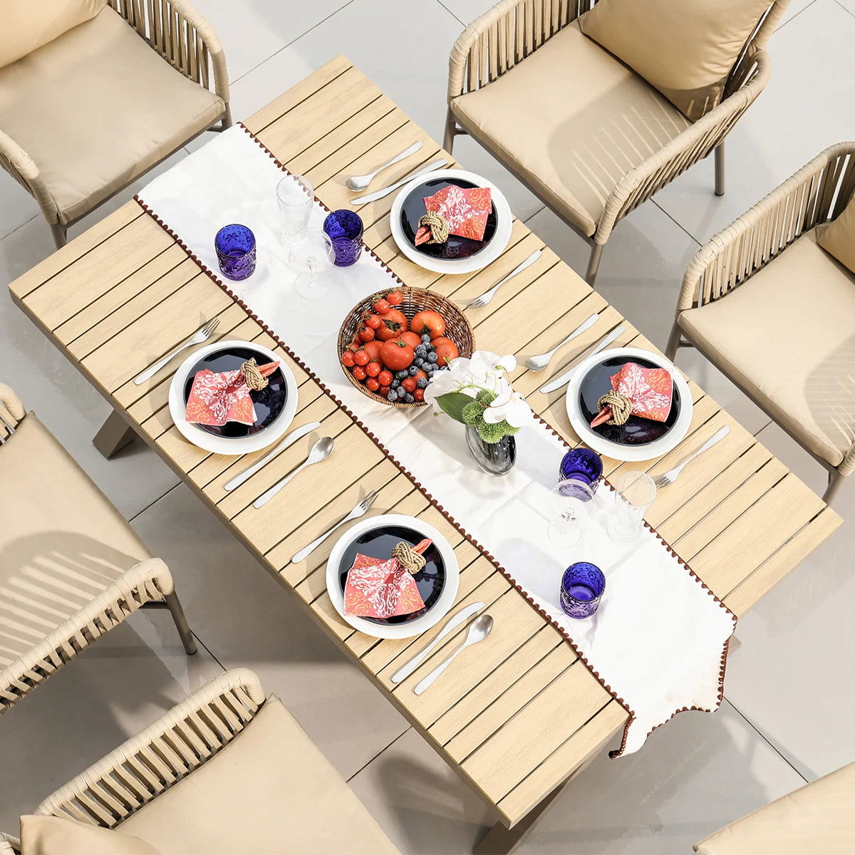 7-Pieces Outdoor Dining Set with Wood-Top Trestle Table and 6 Woven Rattan Armchair - 